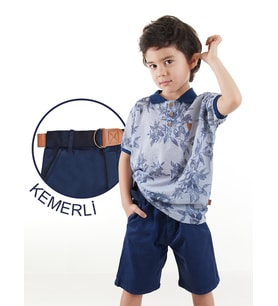 Erkek Çocuk 3'li Takım Polo Yaka T-shirt Şort Kemer Takım (Lacivert)