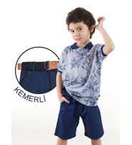 Erkek Çocuk 3'li Takım Polo Yaka T-shirt Şort Kemer Takım (Lacivert)