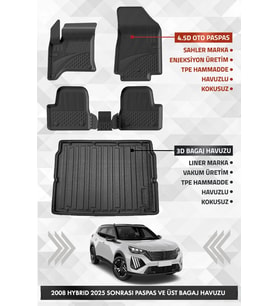 Peugeot 2008 HYBRID 2025 ve Sonrası Uyumlu 4.5D Premium Havuzlu Oto Paspas ve Liner ÜST Bagaj Havuzu