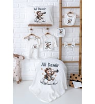 Pia Baby Premium İsmine Özel Yenidoğan Erkek Bebek Hastane Çıkışı Seti %100 Pamuk 5007-02 (Ekru)