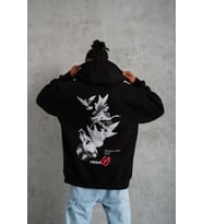 Erkek Şapkalı Güvercin Baskılı Kapşonlu Sweat - Siyah