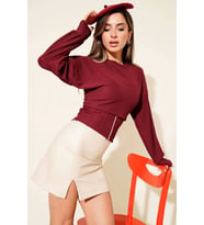 Fitilli Bisiklet Yaka İkili Bluz bordo T4341