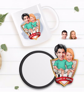 BK Gift Kişiye Özel Sevgililer Karikatürlü Beyaz Kupa ve Ahşap Bardak Altlığı Hediye Seti-55