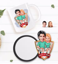 BK Gift Kişiye Özel Sevgililer Karikatürlü Beyaz Kupa ve Ahşap Bardak Altlığı Hediye Seti-55