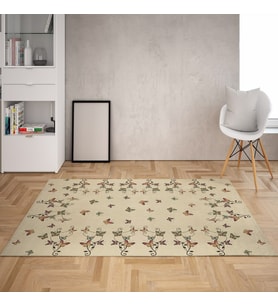 Kelebek Desenli Dijital Baskı Yıkanabilir Kaymaz Taban Modern Salon Halısı ve Yolluk (Krem)