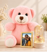 Kişiye Özel Fotoğraflı LED Işıklı Unicornlu Fanus ve Pembe Peluş Ayıcık Kadına Sevgiliye Hediye