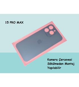 Tkgz - iPhone 15 PRO MAX Arka Pil Batarya Kapağı - Cam kapak Geniş Lens Deliği - MAVİ