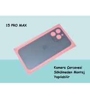 Tkgz - iPhone 15 PRO MAX Arka Pil Batarya Kapağı - Cam kapak Geniş Lens Deliği - MAVİ
