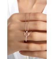Kadın Orijinal 925 Ayar Gümüş Zirkon Taşlı Melek Kanat Kılıç Model Kolye (Rose)