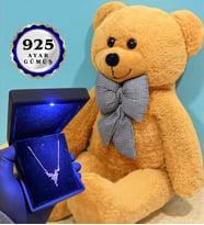 Büyük Boy Kahve Peluş Ayıcık ve Gerçek 925 Ayar Gümüş Kolye Seti (Model 5)
