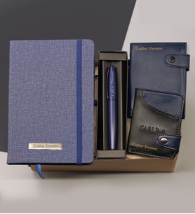 Kişiye Özel Termo Deri Lacivert Defter & Kişiye Özel Metal Roller Kalem & Kişiye Özel Erkek Cüzdan &  Kişiye Özel Kartlık Hediye Seti