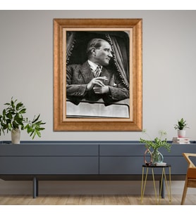 Altın Varaklı Çerçeveli Paspartulu Atatürk Tablo nl02A78 (Gold)