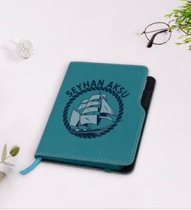 BK Gift Kişiye Özel Gemi Tasarımlı Turkuaz Termo Deri Defter-1