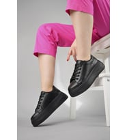Muggo SAMBA Garantili Kadın Günlük Yüksek Taban Bağcıklı Sneaker Spor Ayakkabı (Siyah)