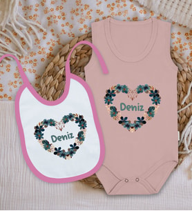 BK Kids Kişiye Özel İsimli Pembe %100 Pamuklu Askılı Sıfır Kol Bebek Body Zıbın ve Mama Önlüğü Hediye Seti-8
