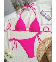 AMOR FACE ÖZEL TASARIM BRAZİLYA MODEL ÜÇGEN FUŞYA RENK İPLİ BAĞLAMALI KADIN BİKİNİ TAKIMI (Pembe)