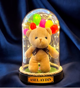 Kişiye Özel Sevimli Ayıcık Temalı Fanus Aranjmanı / Renkli Balonlu ve Led Lambalı (Kahverengi)