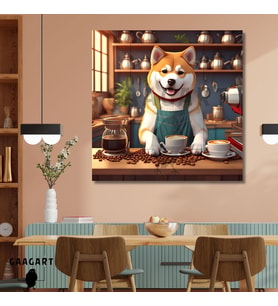 Kare Kanvas Kahve Köşesi Cafe Tablosu Barista Japon Akita Köpek