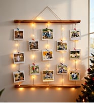 Kişiye Özel 12 Fotoğraflı Mandallı Jüt İpli 3 Mt Led Işıklı Masif Ahşap Fotoğraf Çerçevesi