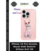 iPhone 15 Pro Uyumlu Beyaz Kedi Desenli Silikon Kılıf 3D Kadife Astarlı Akıllı Kap