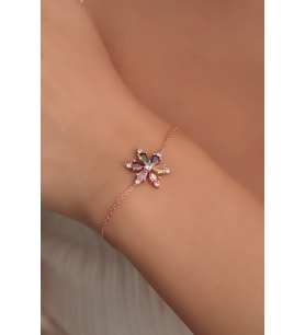 925 Ayar Gümüş Zincirli Rose Kaplama Miks Taşlı Lotus Kamelya Çiçeği Bileklik