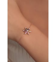 925 Ayar Gümüş Zincirli Rose Kaplama Miks Taşlı Lotus Kamelya Çiçeği Bileklik