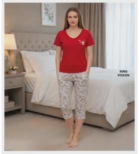 Mihra Kadın Viskon V Yaka Kısa Kol KAPRİ Likralı Pijama Takımı 40111K - 1 Adet