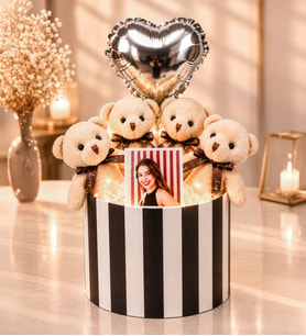 Kişiye Özel Fotoğraflı Balonlu Krem Peluş Ayıcık Buketi