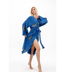 Müslin Kimono %100 Pamuklu Leopar Baskılı Desenli Bornoz Kaftan Sabahlık (Lacivert)
