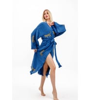Müslin Kimono %100 Pamuklu Leopar Baskılı Desenli Bornoz Kaftan Sabahlık (Lacivert)