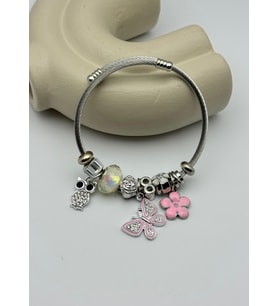 Çelik Silver Taşlı Baykuş Kelebek Pembe Çiçek Charmlı Pandora Bileklik - 26blk58