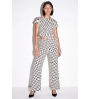 Kadın Puantiyeli Likralı Örme Crop Top Geniş Paça Takım Regular Kesim Kısa Kollu Günlük Rahat Modern