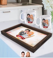 BK Gift Kişiye Özel İsimli Evleniyoruz Karikatürlü Doğal Ahşap Tepsi ve 2’li Kupa Bardak Seti-5