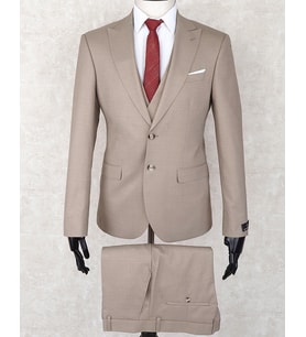 Jan Carlucci Slim Fit Sivri Yaka-Çift Yırtmaç Bej Rengi Drop 6 Yelekli Takım Elbise