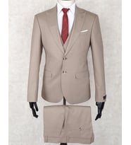 Jan Carlucci Slim Fit Sivri Yaka-Çift Yırtmaç Bej Rengi Drop 6 Yelekli Takım Elbise