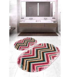 Dijital Baskılı Kaymaz Taban Yıkanabilir Oval 2'li Klozet Takımı Banyo Paspası NOKZ-HT-114 (Pembe)