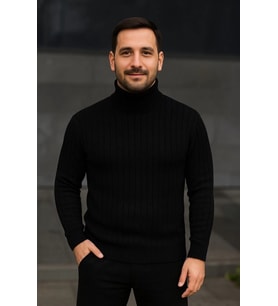 Erkek Balıkcı Yaka Bağazlı Triko Kazak Pamuklu Kalın Fitilli Dokuma, Regular Fit Uzun Kollu Kışlık M