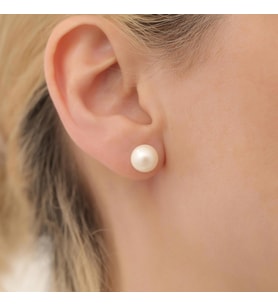 925 Ayar Gümüş Cream Tatlısu İncisi Çivi Küpe-8mm (Altın)