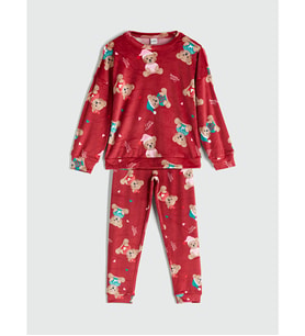 LCW Kids Kırmızı Bisiklet Yaka Kadife Kız Çocuk Pijama Takımı