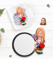 BK Gift Kişiye Özel Kadın Öğrenci Karikatürlü Beyaz Kupa ve Ahşap Bardak Altlığı Hediye Seti-1