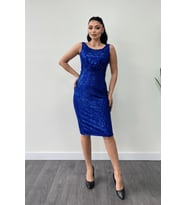 Payet Kumaş Büzgü Detaylı Kalın Askılı Elbise - SAKS MAVİ (Saks Mavisi)
