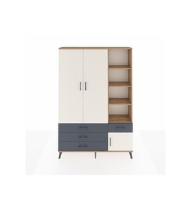 Arges Dolap 5 Raflı 4 Çekmeceli Tek Askılı 132x30x195 Çam-Aytaşı/Antrasit
