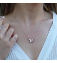 Kelebek Modeli Renkli Zirkon Taşlı Rose Gold Kaplama Gümüş Kolye