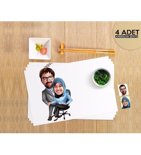 BK Gift Kişiye Özel Sevgililer Karikatürlü 4 Adet Amerikan Servis Seti-59 (Beyaz)