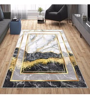 Siyah Mermer Desenli Gold Yıkanabilir Kaymaz Taban Leke Tutmaz Modern Salon Halısı ve Yolluk (Beyaz)