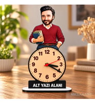 Erkek Öğretmen Karikatürlü Kişiye Özel Karikatürlü 18 cm MDF Dikey Masa Saati - Öğretmen Hediyesi Öğretmenler Günü Hediyesi