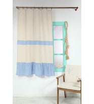 Naturel Fırfırlı Perde Kornişli Vintage Renkli (Mavi)