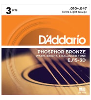 D’Addario EJ15-3D Akustik Gitar Tel Seti 3’lü Paket 10-47 Phosphor Bronze Extra Light