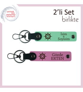 Gemi Dümeni Desenli 2’li Deri Anahtarlık Seti, Kişisel Hediye, İsim Yazdırılabilir, Açık Yeşil-Pembe