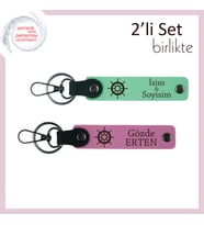 Gemi Dümeni Desenli 2’li Deri Anahtarlık Seti, Kişisel Hediye, İsim Yazdırılabilir, Açık Yeşil-Pembe